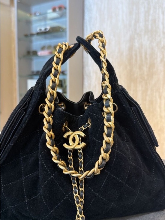 CHANEL Handbags - CHANEL 25 Black Quilted Suede SMALL Drawstring Shoulder Bag with Gold Chain NWT